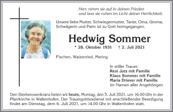 Traueranzeige von Hedwig Sommer 