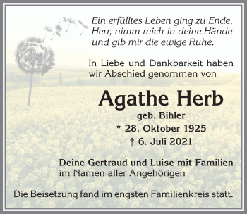 Traueranzeige von Agathe Herb von Allgäuer Zeitung,Kempten