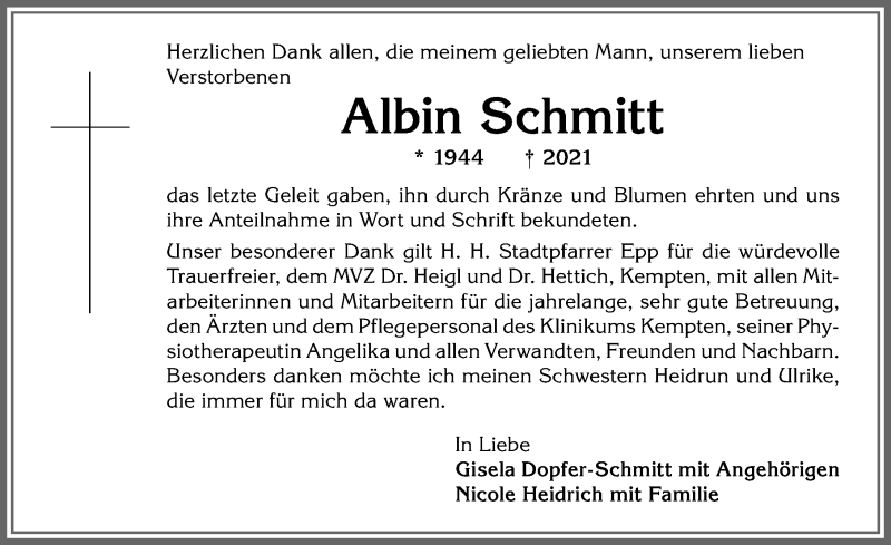  Traueranzeige für Albin Schmitt vom 17.07.2021 aus Allgäuer Zeitung
