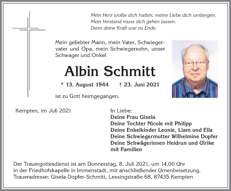  Traueranzeige für Albin Schmitt vom 03.07.2021 aus Allgäuer Zeitung