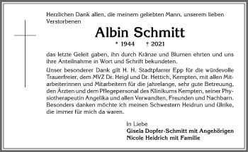 Traueranzeige von Albin Schmitt von Allgäuer Zeitung