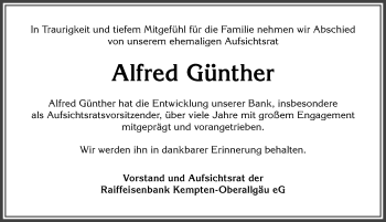 Traueranzeige von Alfred Günther von Allgäuer Anzeigeblatt