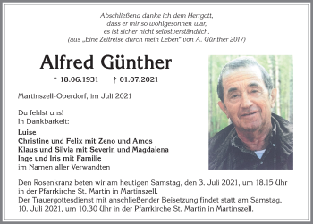 Traueranzeige von Alfred Günther von Allgäuer Zeitung