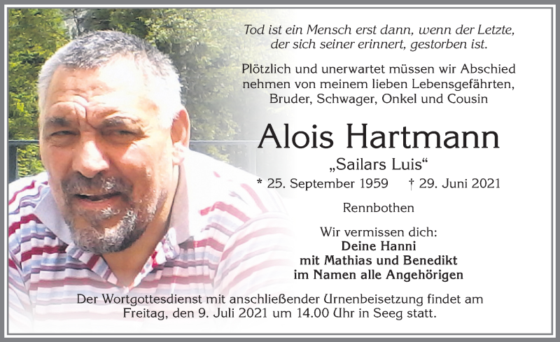  Traueranzeige für Alois Hartmann vom 07.07.2021 aus Allgäuer Zeitung, Füssen