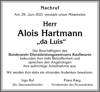 Traueranzeige von Alois Hartmann von Allgäuer Zeitung, Füssen