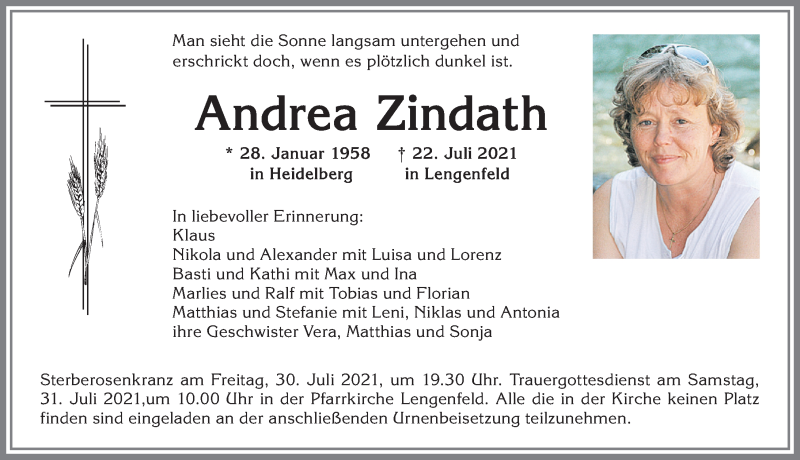  Traueranzeige für Andrea Zindath vom 24.07.2021 aus Allgäuer Zeitung, Kaufbeuren/Buchloe