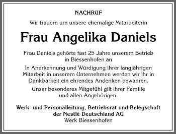Traueranzeige von Angelika Daniels von Allgäuer Zeitung