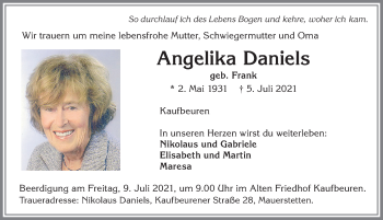Traueranzeige von Angelika Daniels von Allgäuer Zeitung, Kaufbeuren/Buchloe