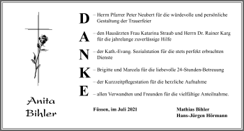 Traueranzeige von Anita Bihler von Allgäuer Zeitung, Füssen