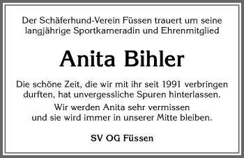 Traueranzeige von Anita Bihler von Allgäuer Zeitung, Füssen