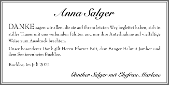 Traueranzeige von Anna Salger von Allgäuer Zeitung, Kaufbeuren/Buchloe