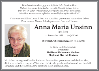 Traueranzeige von Anna Maria Unsinn von Allgäuer Zeitung, Marktoberdorf