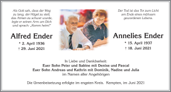 Traueranzeige von Anneliese Ender von Allgäuer Zeitung,Kempten