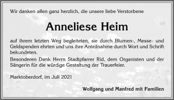 Traueranzeige von Anneliese Heim von Allgäuer Zeitung, Marktoberdorf
