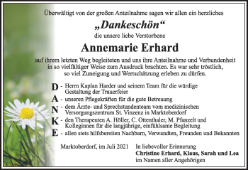 Traueranzeige von Annemarie Erhard von Allgäuer Zeitung, Marktoberdorf
