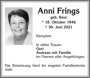 Traueranzeige von Anni Frings von Allgäuer Zeitung,Kempten