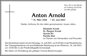 Traueranzeige von Anton Arnold von Allgäuer Anzeigeblatt