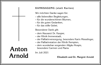 Traueranzeige von Anton Arnold von Allgäuer Anzeigeblatt