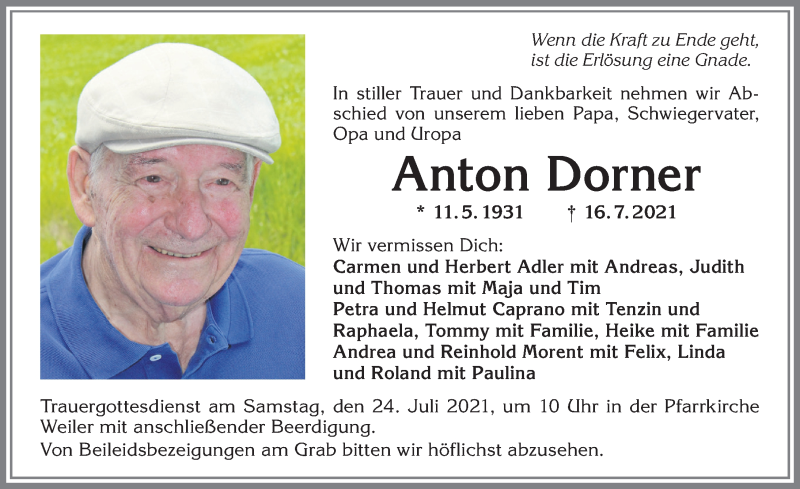  Traueranzeige für Anton Dorner vom 21.07.2021 aus Allgäuer Anzeigeblatt