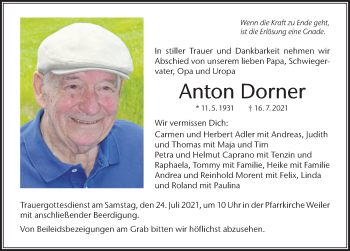 Traueranzeige von Anton Dorner von Der Westallgäuer