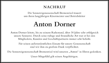 Traueranzeige von Anton Dorner von Der Westallgäuer