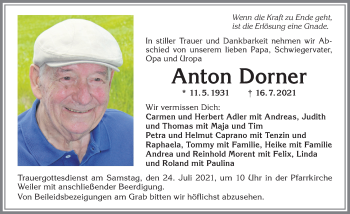 Traueranzeige von Anton Dorner von Allgäuer Anzeigeblatt
