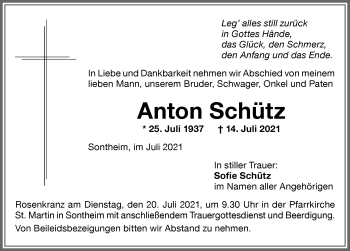 Traueranzeige von Anton Schütz von Memminger Zeitung