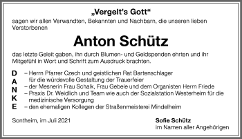 Traueranzeige von Anton Schütz von Memminger Zeitung