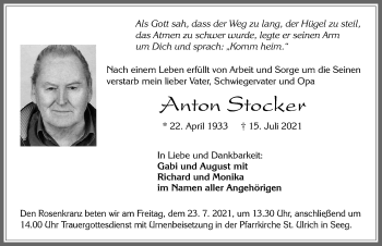 Traueranzeige von Anton Stocker von Allgäuer Zeitung, Füssen