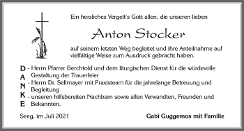 Traueranzeige von Anton Stocker von Allgäuer Zeitung, Füssen