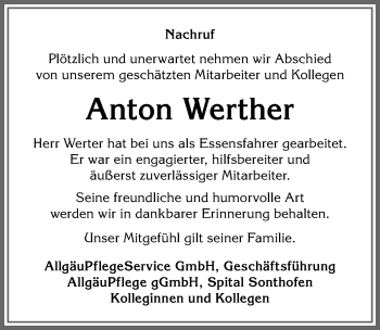 Traueranzeige von Anton Werther von Allgäuer Anzeigeblatt