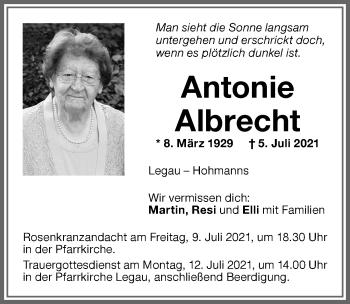 Traueranzeige von Antonie Albrecht von Memminger Zeitung