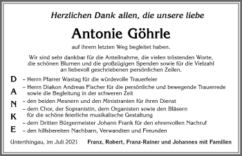 Traueranzeige von Antonie Göhrle von Allgäuer Zeitung, Marktoberdorf