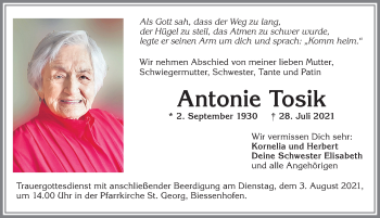 Traueranzeige von Antonie Tosik von Allgäuer Zeitung