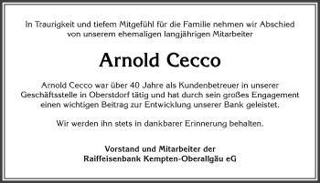Traueranzeige von Arnold Santo Cecco von Allgäuer Anzeigeblatt