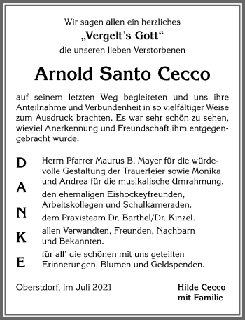 Traueranzeige von Arnold Santo Cecco von Allgäuer Anzeigeblatt