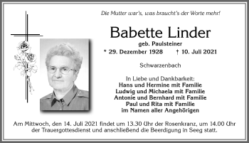 Traueranzeige von Babette Linder von Allgäuer Zeitung, Füssen