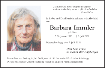 Traueranzeige von Barbara Immler von Der Westallgäuer