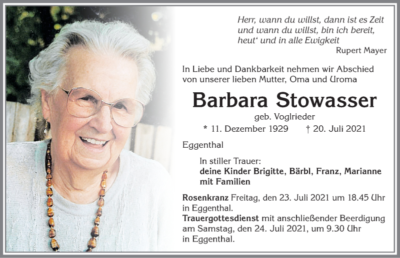  Traueranzeige für Barbara Stowasser vom 22.07.2021 aus Allgäuer Zeitung, Kaufbeuren/Buchloe