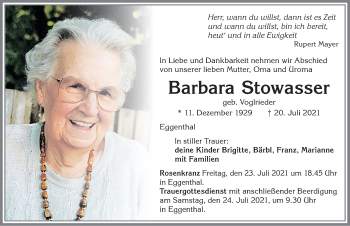 Traueranzeige von Barbara Stowasser von Allgäuer Zeitung, Kaufbeuren/Buchloe