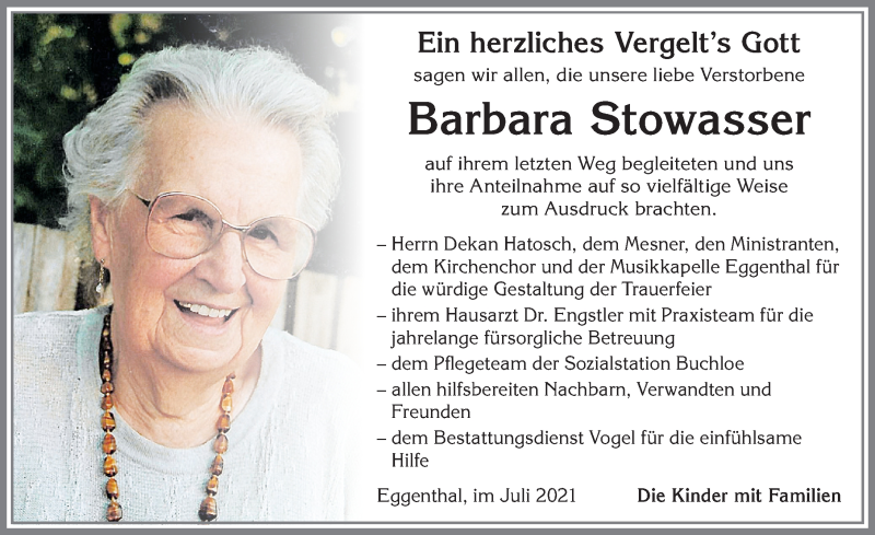  Traueranzeige für Barbara Stowasser vom 31.07.2021 aus Allgäuer Zeitung, Kaufbeuren/Buchloe