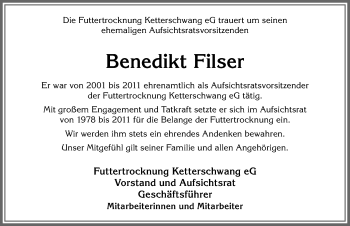 Traueranzeige von Benedikt Filser von Allgäuer Zeitung
