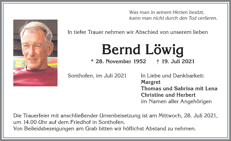  Traueranzeige für Bernd Löwig vom 24.07.2021 aus Allgäuer Anzeigeblatt