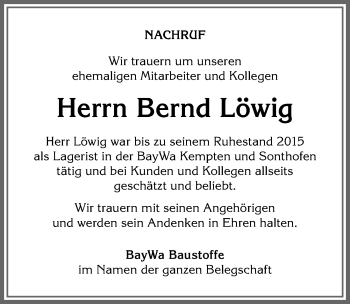 Traueranzeige von Bernd Löwig von Allgäuer Anzeigeblatt