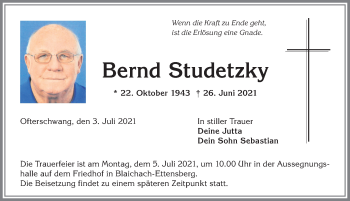 Traueranzeige von Bernd Studetzky von Allgäuer Anzeigeblatt