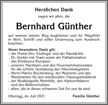 Traueranzeige von Bernhard Günther von Allgäuer Zeitung