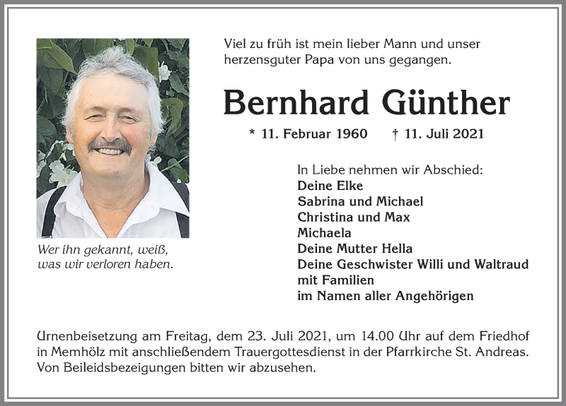  Traueranzeige für Bernhard Günther vom 21.07.2021 aus Allgäuer Zeitung
