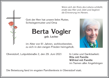Traueranzeige von Berta Vogler von Allgäuer Anzeigeblatt