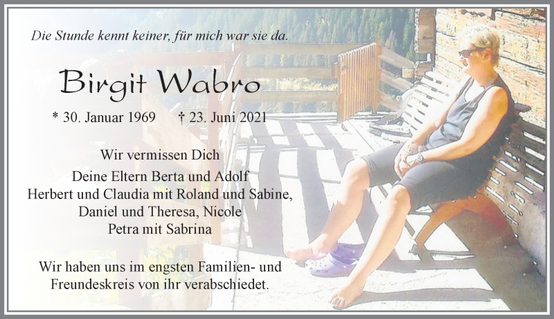 Traueranzeige für Birgit Wabro vom 06.07.2021 aus Allgäuer Zeitung, Marktoberdorf
