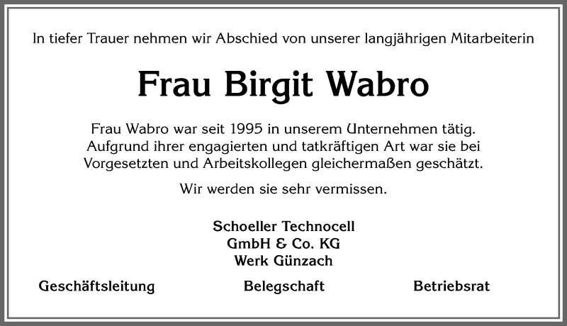  Traueranzeige für Birgit Wabro vom 06.07.2021 aus Allgäuer Zeitung, Marktoberdorf